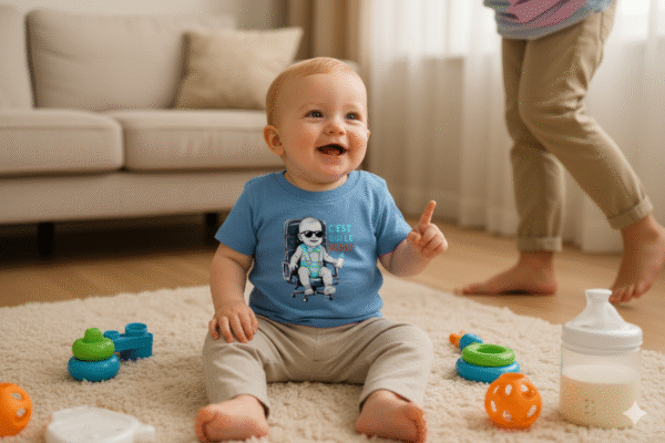 Bébé assis sur un tapis portant un body humour bleu avec l’inscription “C’est qui le Boss ?”, création Lynonis, cadeau original et drôle pour garçons.