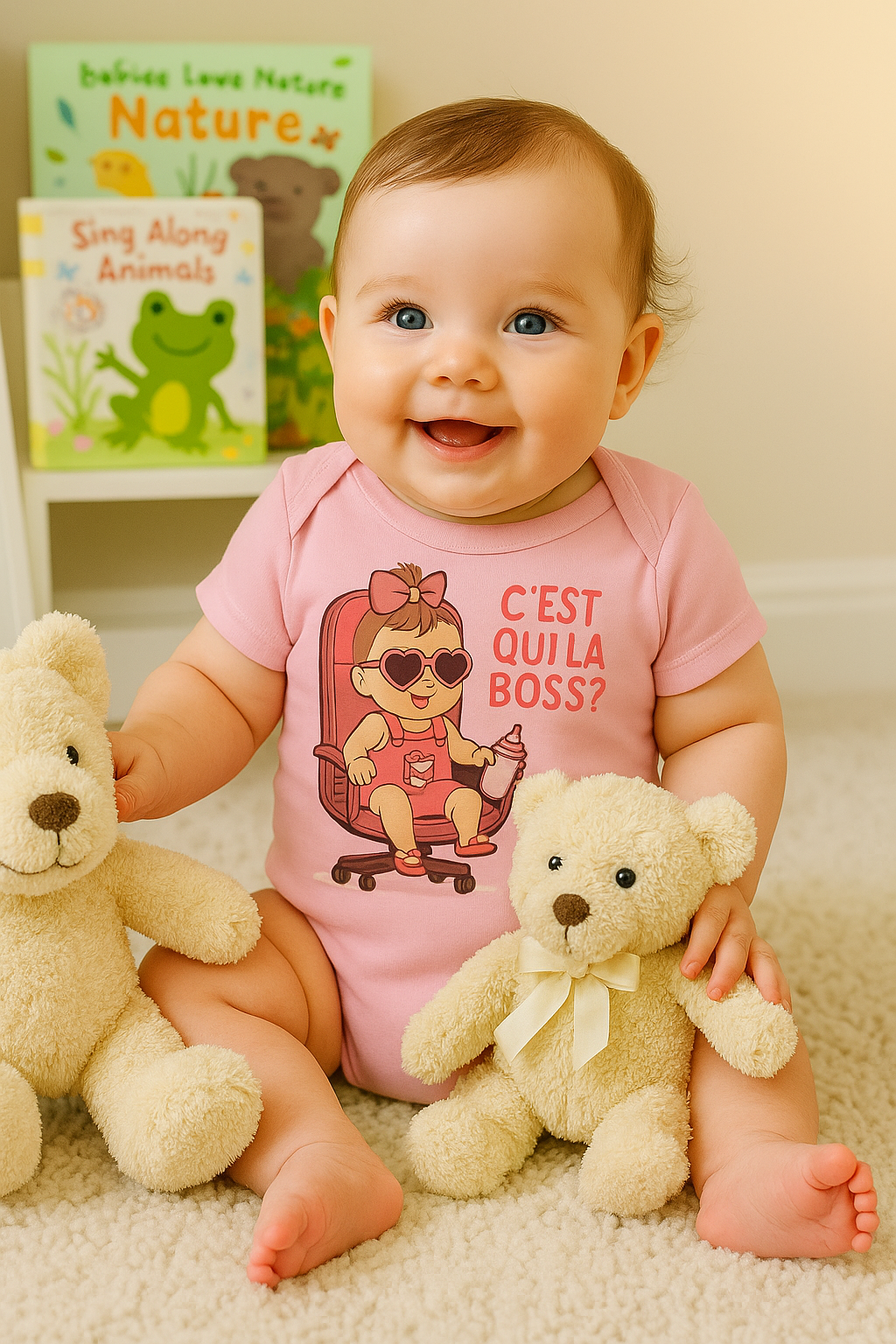 Bébé fille en body rose Lynonis "C’est qui la Boss ?" assise avec deux ours en peluche