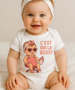 Bébé fille souriante en body blanc Lynonis "C’est qui la Boss ?"