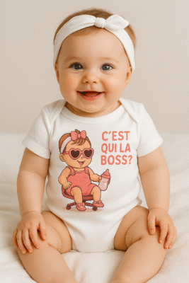 Bébé fille souriante en body blanc Lynonis "C’est qui la Boss ?"
