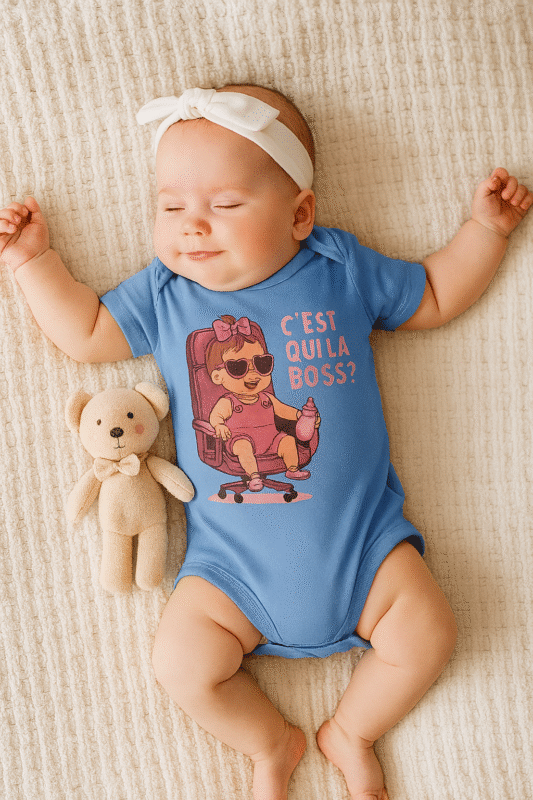 Bébé fille en body bleu Lynonis "C’est qui la Boss ?" endormie avec son doudou