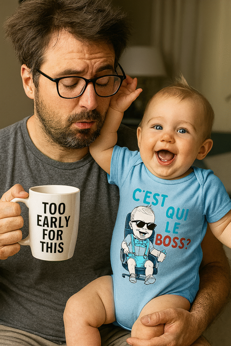 Bébé rieur en body bleu "C’est qui le boss ?" taquinant son papa fatigué – humour Lynonis