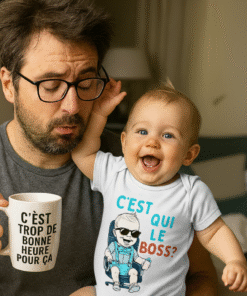 Bébé joyeux en body humoristique “C’est qui le Boss ?” à côté de son papa fatigué avec une tasse de café