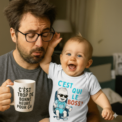 Bébé joyeux en body humoristique “C’est qui le Boss ?” à côté de son papa fatigué avec une tasse de café
