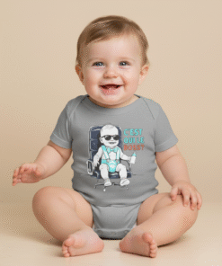 Bébé souriant en body bébé humour gris clair « C’est qui le Boss ? », assis et riant, marque Lynonis.