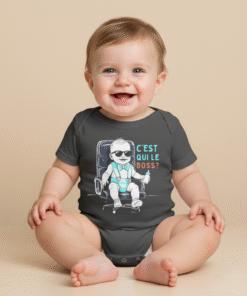 Bébé assis en body bébé humour gris foncé « C’est qui le Boss ? », sourire complice, marque Lynonis.
