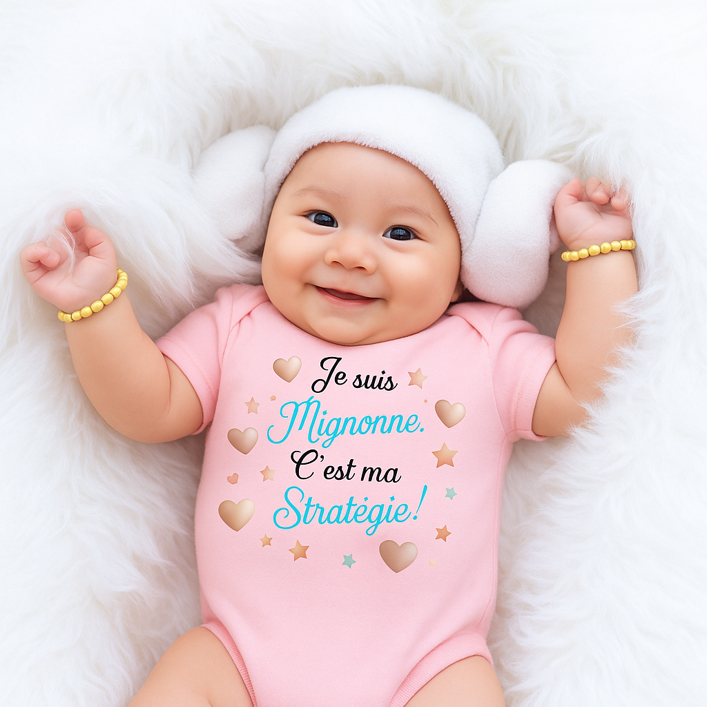 Body bébé humour rose "Je suis mignonne, c’est ma stratégie !" allongé sur une couverture blanche douce