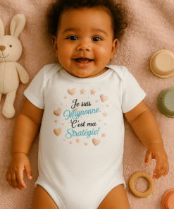 Bébé souriant portant un body blanc Lynonis "Je suis mignonne, c’est ma stratégie !" allongé sur une couverture rose avec jouets et peluche
