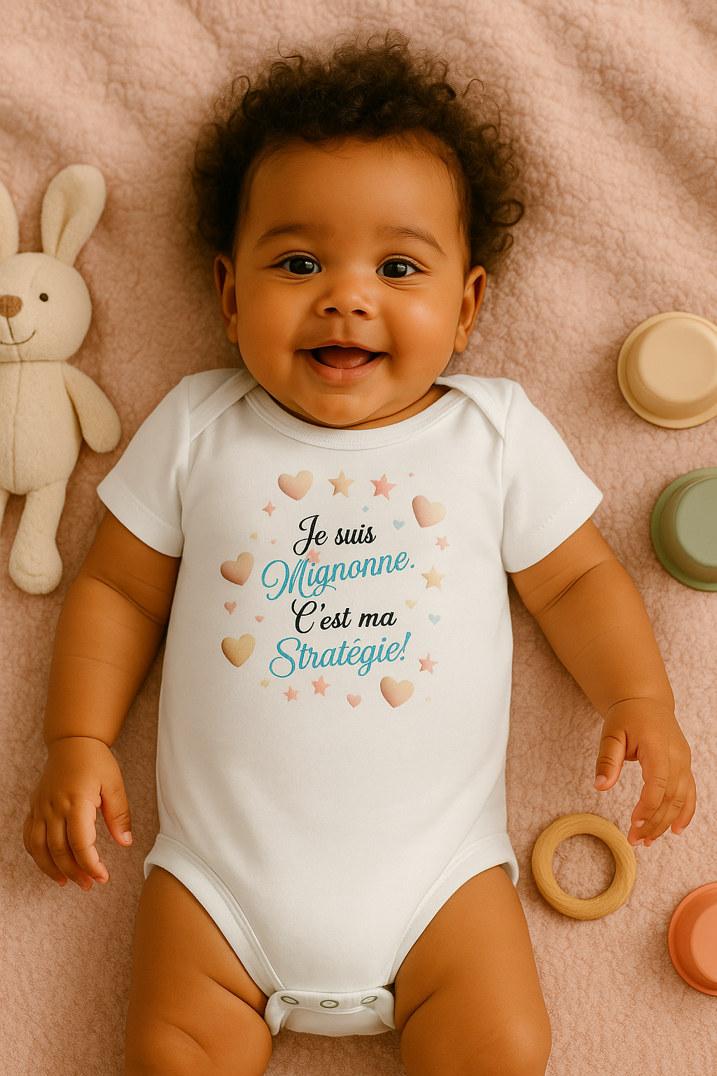 Bébé souriant portant un body blanc Lynonis "Je suis mignonne, c’est ma stratégie !" allongé sur une couverture rose avec jouets et peluche