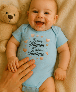 Bébé garçon en body bleu "Je suis mignon, c’est ma tactique" souriant avec son doudou.