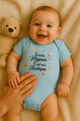 Bébé garçon en body bleu "Je suis mignon, c’est ma tactique" souriant avec son doudou.