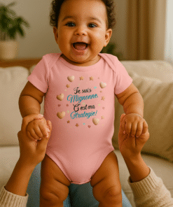 Bébé souriant debout, porté par un adulte, vêtu du body rose Lynonis "Je suis mignonne, c’est ma stratégie !" décoré de cœurs et d’étoiles