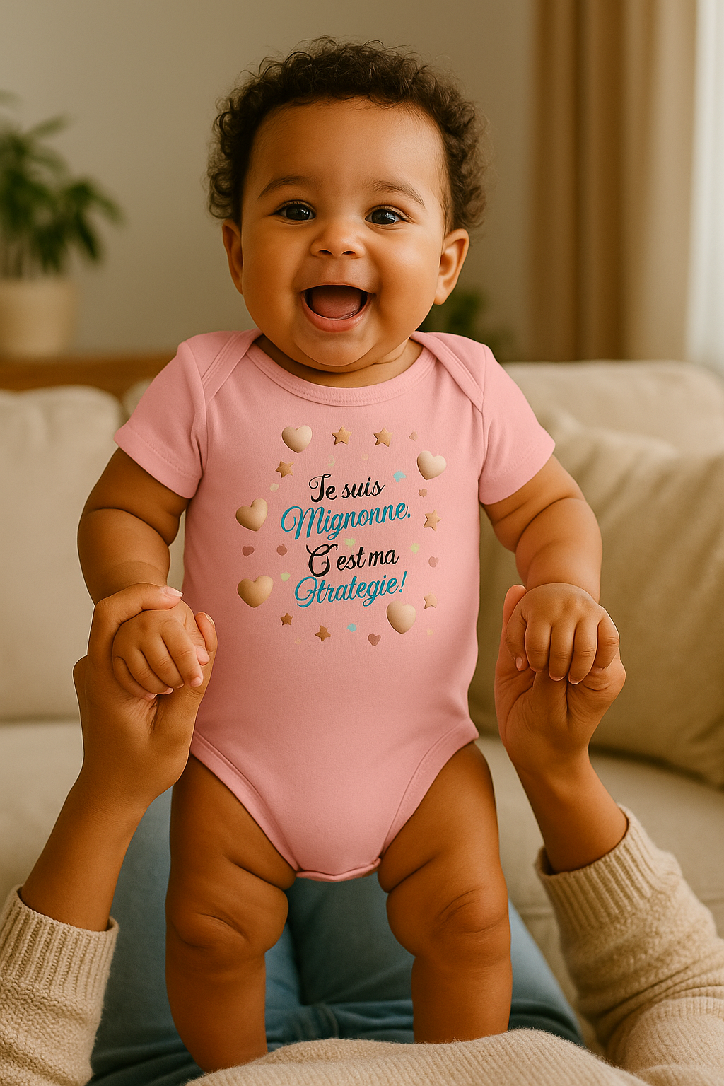 Bébé souriant debout, porté par un adulte, vêtu du body rose Lynonis "Je suis mignonne, c’est ma stratégie !" décoré de cœurs et d’étoiles