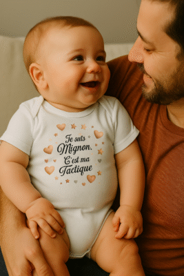 Bébé garçon en body blanc "Je suis mignon, c’est ma tactique" riant dans les bras de son papa.
