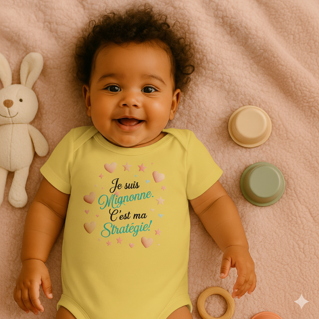 Bébé souriant en body humoristique jaune “Je suis mignonne, c’est ma stratégie !” allongé sur une couverture avec un doudou lapin