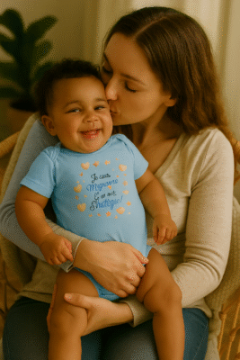 Maman embrassant son bébé souriant portant un body bleu Lynonis avec l’inscription humoristique "Je suis mignonne, c’est ma stratégie !"