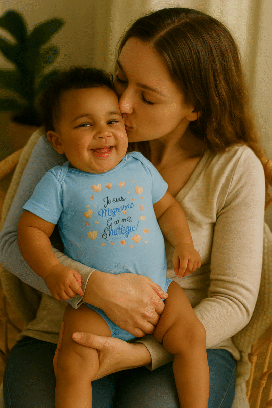 Maman embrassant son bébé souriant portant un body bleu Lynonis avec l’inscription humoristique "Je suis mignonne, c’est ma stratégie !"