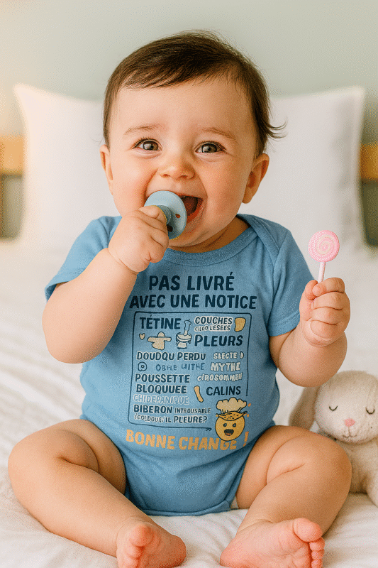 Bébé en body bleu Lynonis "Pas livré avec une notice" tenant une tétine et un jouet