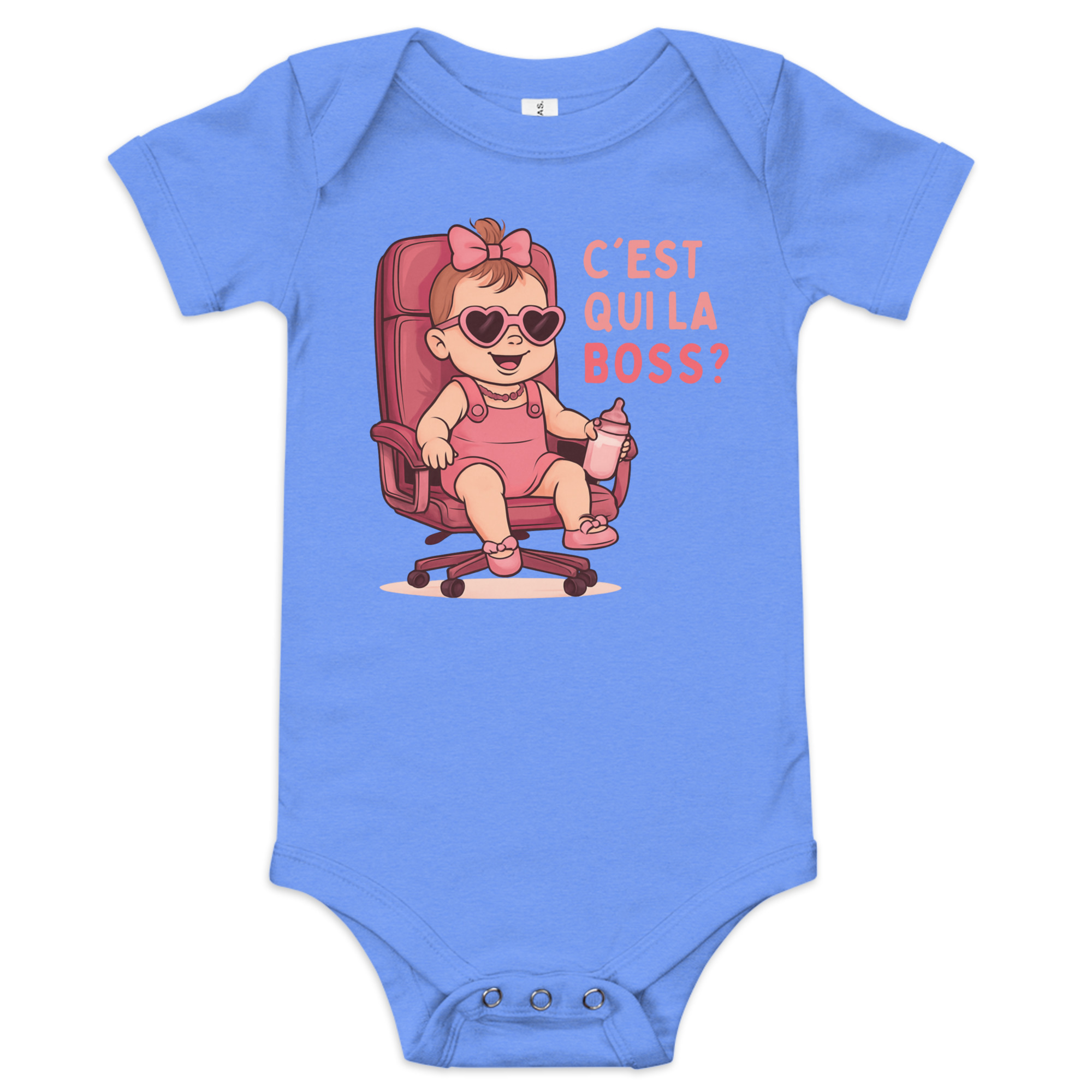 Body bébé fille bleu humour – C’est qui la Boss ?