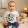 Bébé assis portant un T-shirt blanc Lynonis "C’est qui le Boss ?" à côté d’un ours en peluche avec pancarte "Agenda du Boss".