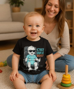 Bébé souriant en t-shirt bébé humour noir “C’est qui le Boss ?”, assis au sol, marque Lynonis.