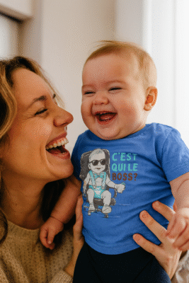 Bébé en t-shirt bleu "C’est qui le boss ?" riant avec sa maman – complicité Lynonis