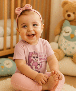 Bébé fille assise avec sourire en t-shirt rose humoristique “C’est qui la Boss ?”