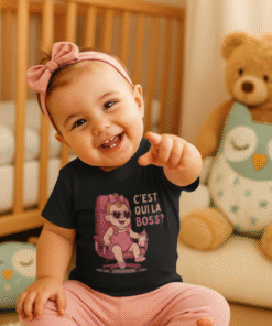 Bébé fille joyeuse en t-shirt noir humoristique “C’est qui la Boss ?” avec bandeau rose