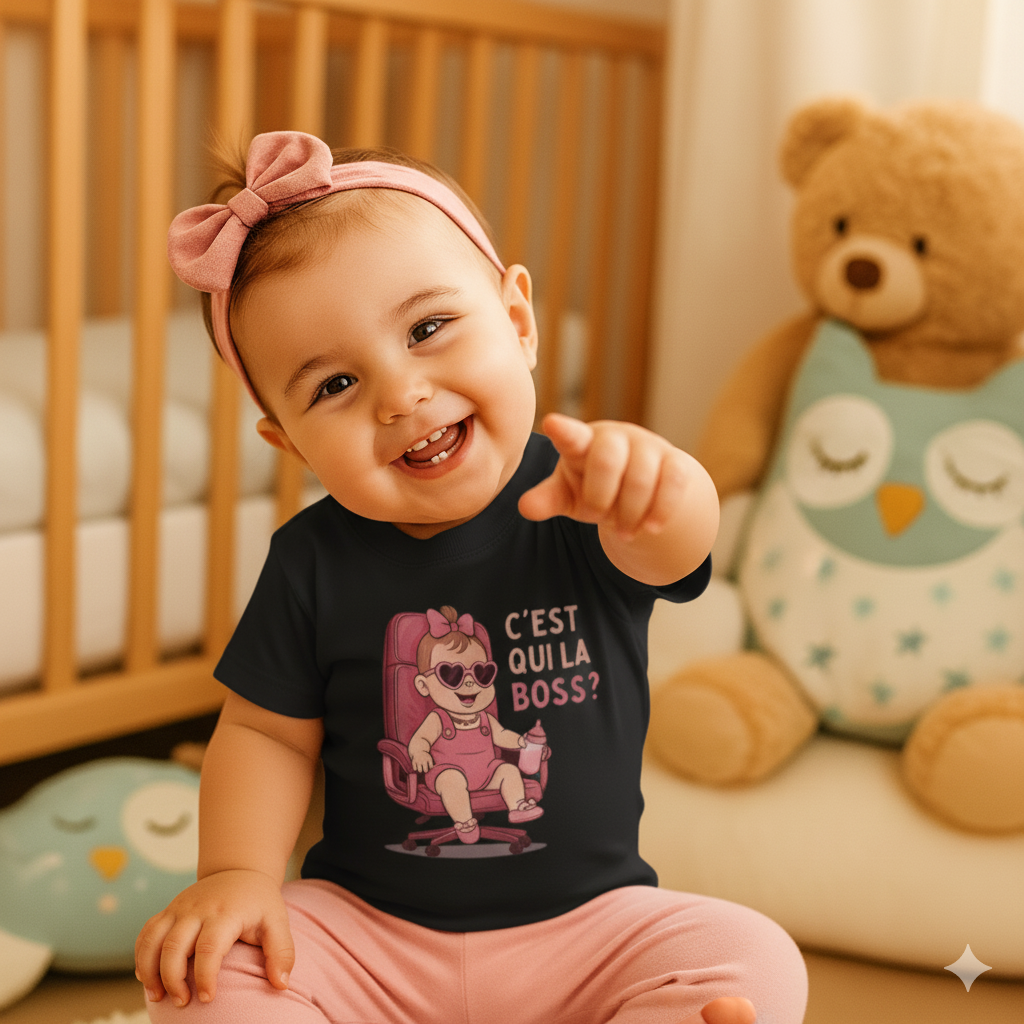 Bébé fille joyeuse en t-shirt noir humoristique “C’est qui la Boss ?” avec bandeau rose