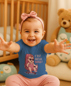 Bébé fille souriante en t-shirt bleu humoristique “C’est qui la Boss ?” dans sa chambre