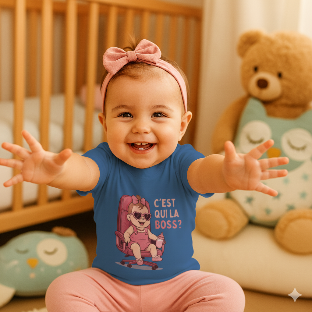 Bébé fille souriante en t-shirt bleu humoristique “C’est qui la Boss ?” dans sa chambre