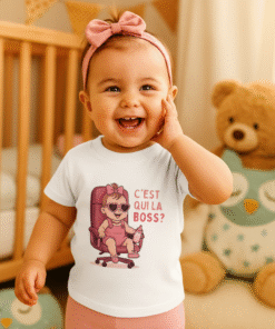 Bébé fille rieuse en t-shirt blanc humoristique “C’est qui la Boss ?” devant son lit