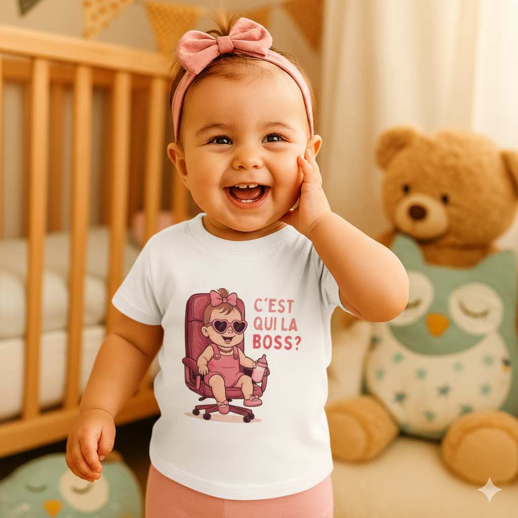 Bébé fille rieuse en t-shirt blanc humoristique “C’est qui la Boss ?” devant son lit