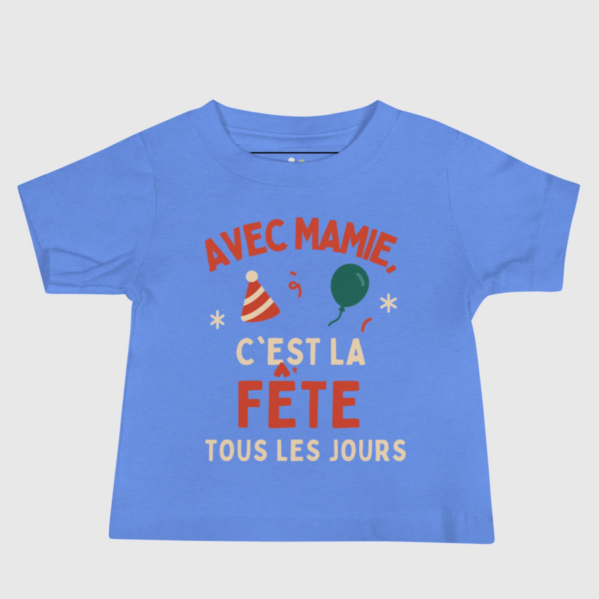 T-shirt bébé bleu humour – Avec Mamie c’est la fête tous les jours