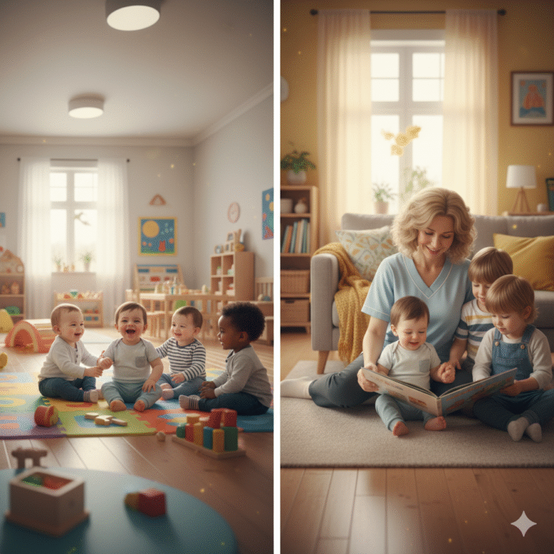 Bébé s'adaptant à la garderie collective avec des amis et en milieu familial plus intime avec une éducatrice.