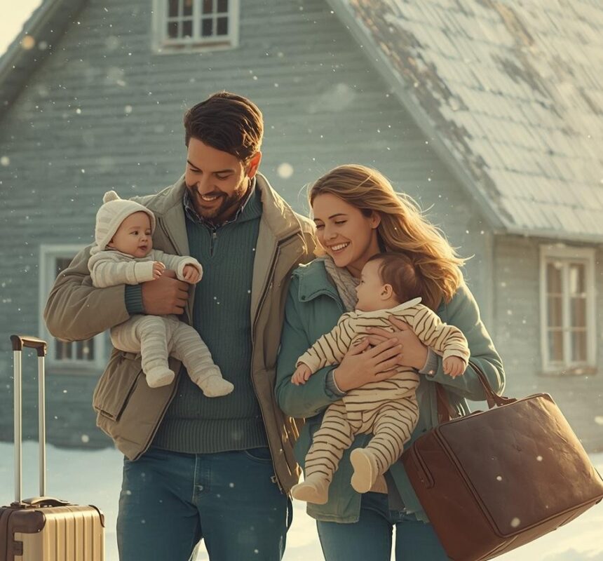 Jeune famille immigrante arrivée au Québec avec leurs enfants, illustrant l’histoire de la marque Lynonis qui transforme les défis des parents en rires avec des bodies et t-shirts bébé