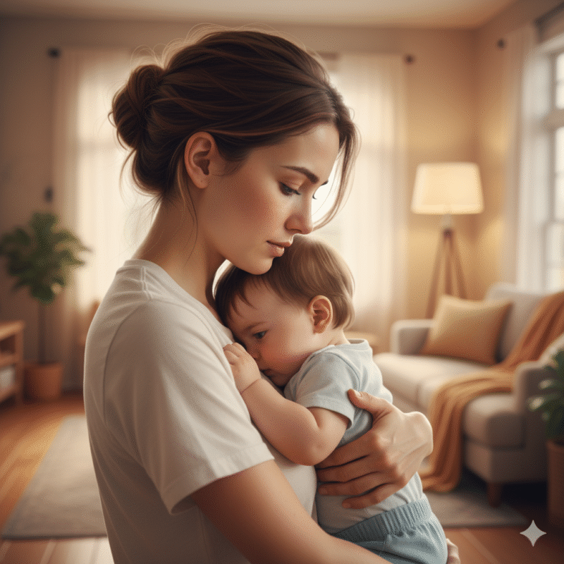 Maman et bébé partageant un câlin réconfortant dans le salon, un rituel essentiel pour apaiser la séparation.