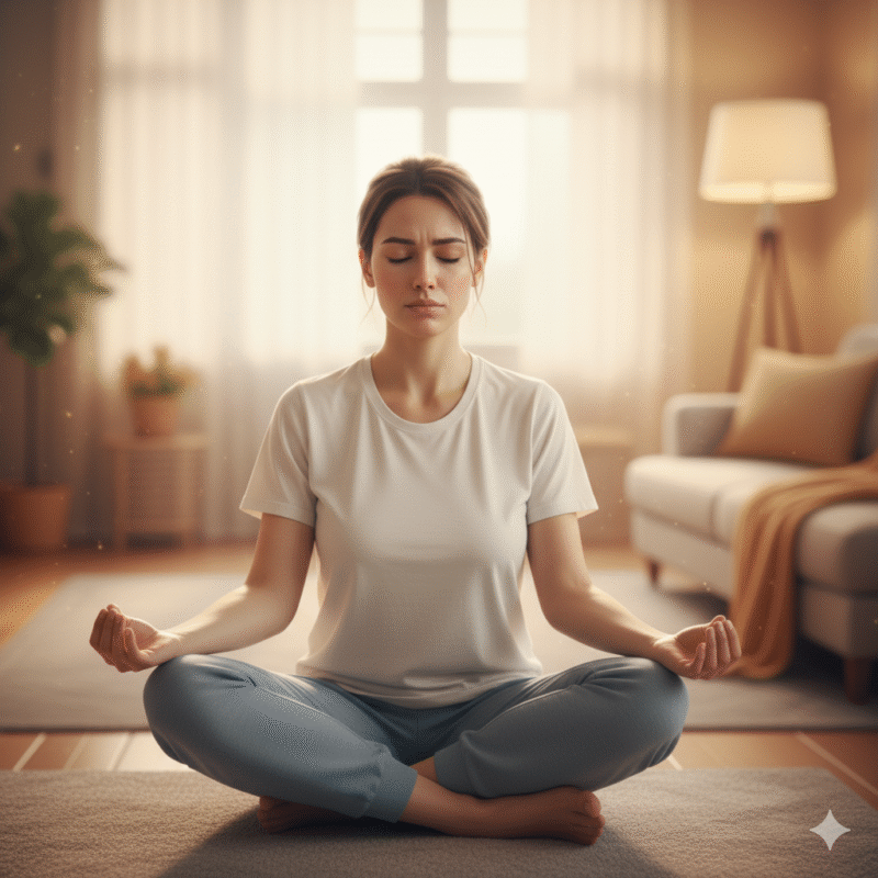 Maman médite dans son salon, recherchant la sérénité avec une légère trace d'anxiété pour mieux gérer la rentrée de bébé.