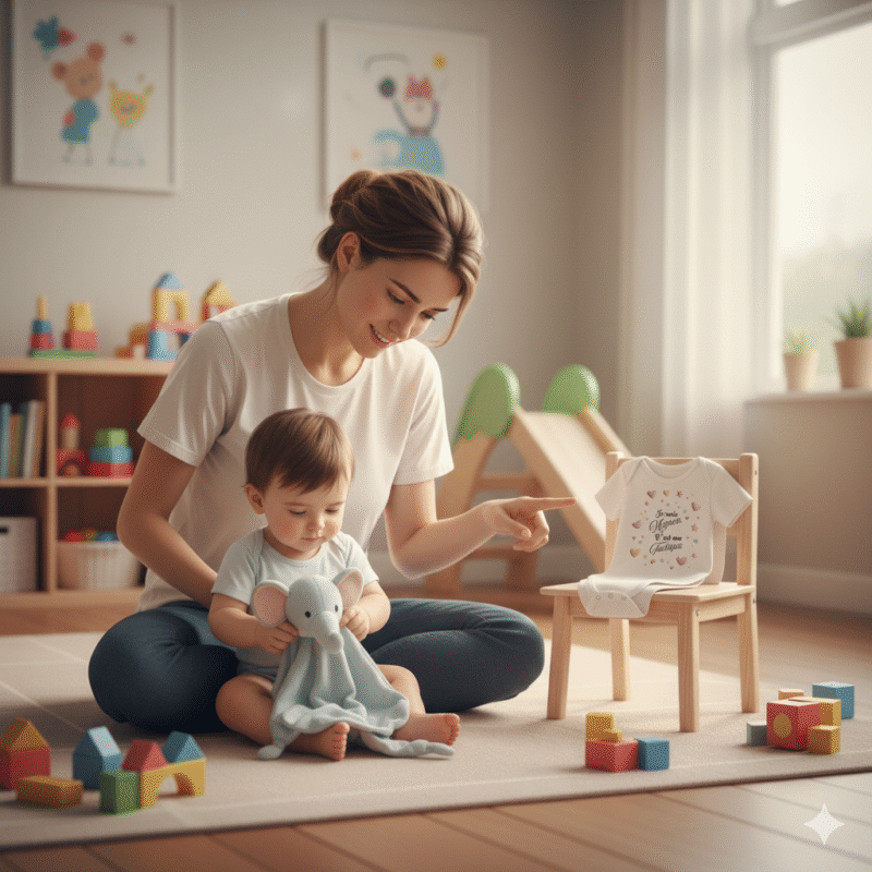 Maman prépare son bébé à la garderie en lui montrant un body humoristique "Je suis Mignon. C'est ma Tactique" en jouant.