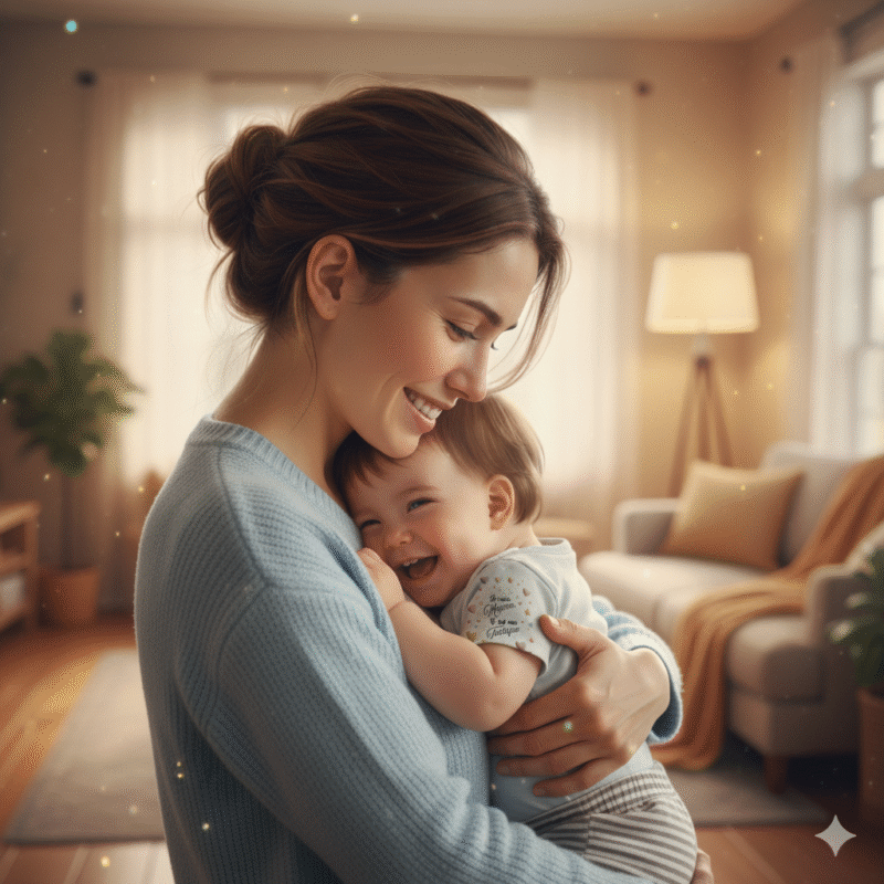 Retrouvailles joyeuses entre une maman et son bébé en body Lynonis dans leur salon, après une rentrée réussie et pleine d'amour.