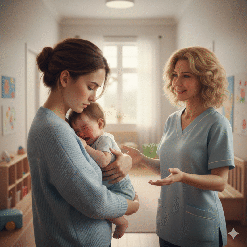 Maman émue et bébé en pleurs lors de la première séparation à la garderie, accueillis par une éducatrice.