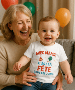 Bébé garçon souriant sur les genoux de sa mamie, portant un t-shirt blanc « Avec Mamie, c’est la fête tous les jours », ambiance fête familiale.