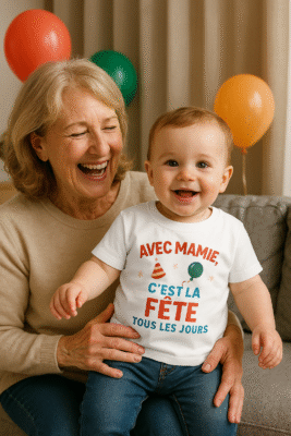 Bébé garçon souriant sur les genoux de sa mamie, portant un t-shirt blanc « Avec Mamie, c’est la fête tous les jours », ambiance fête familiale.