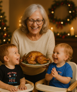 Deux bébés en chaises hautes, t-shirts festifs « Avec Mamie, c’est la fête tous les jours », souriant à leur grand-mère qui apporte une dinde de Noël.
