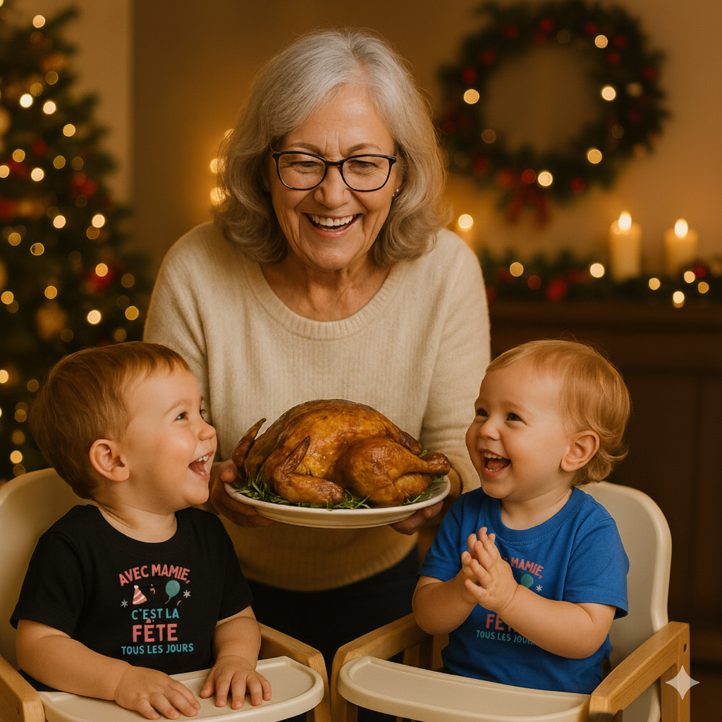 Deux bébés en chaises hautes, t-shirts festifs « Avec Mamie, c’est la fête tous les jours », souriant à leur grand-mère qui apporte une dinde de Noël.