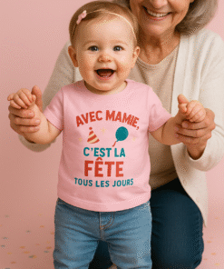 Bébé fille souriante avec bandeau rose, portant un t-shirt rose « Avec Mamie, c’est la fête tous les jours », photo studio sur fond pastel avec confettis.