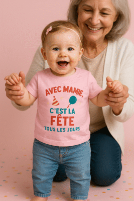 Bébé fille souriante avec bandeau rose, portant un t-shirt rose « Avec Mamie, c’est la fête tous les jours », photo studio sur fond pastel avec confettis.